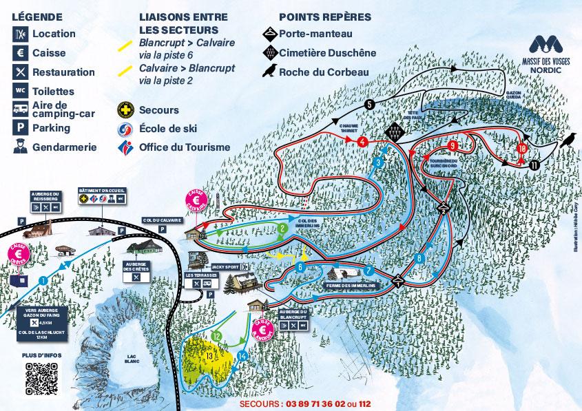 Plan des pistes de ski nordique de la station du Lac Blanc dans les Vosges : ouverture et fermeture des pistes